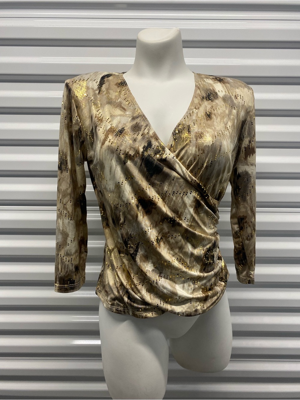 Women's Metallic Tan & Gold Wrap-Style Blouse